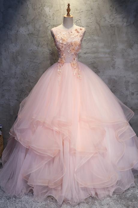 Elegant A Line Appliques O Neck Tulle Formal Prom Dress, Beautiful Long Prom Dress, Banquet Party Dress
