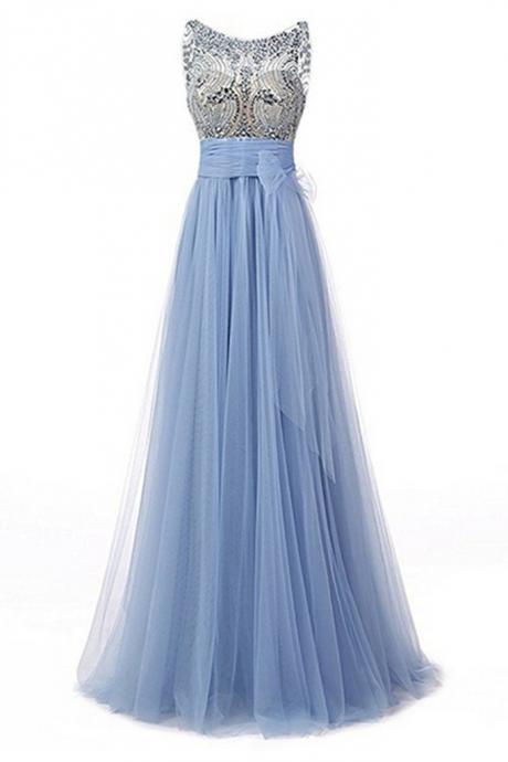 Elegant Tulle Beading Round Neck Formal Prom Dress, Beautiful Long Prom Dress, Banquet Party Dress