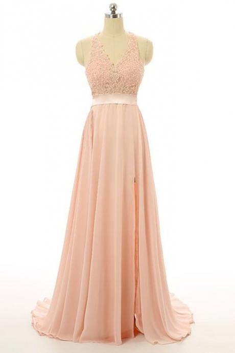 Elegant A-line Chiffon Lace V-neck Backless Formal Prom Dress, Beautiful Long Prom Dress, Banquet Party Dress