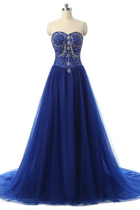 Elegant A-line Sleeveless Beaded Tulle Formal Prom Dress, Beautiful Long Prom Dress, Banquet Party Dress