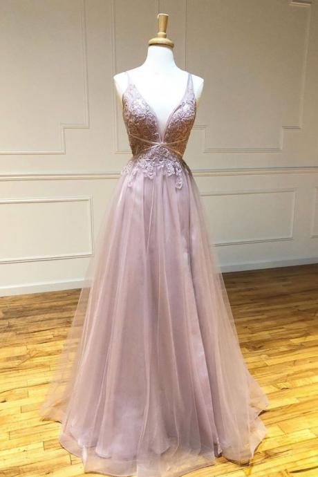 Elegant A-line Lace Open Back Tulle Formal Prom Dress, Beautiful Long Prom Dress, Banquet Party Dress