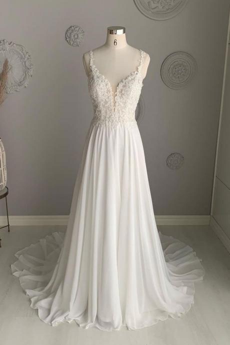 Elegant Lace V Neck Chiffon Formal Prom Dress, Beautiful Long Prom Dress, Banquet Party Dress