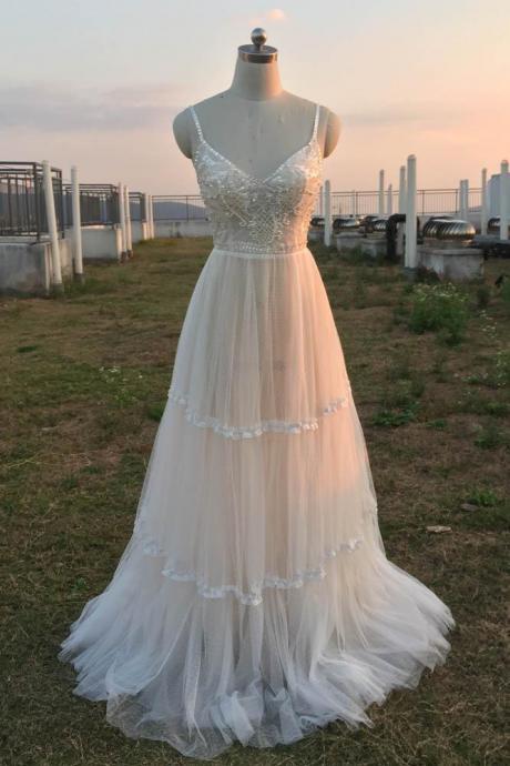Elegant Tulle V-neckline Straps Formal Prom Dress, Beautiful Long Prom Dress, Banquet Party Dress