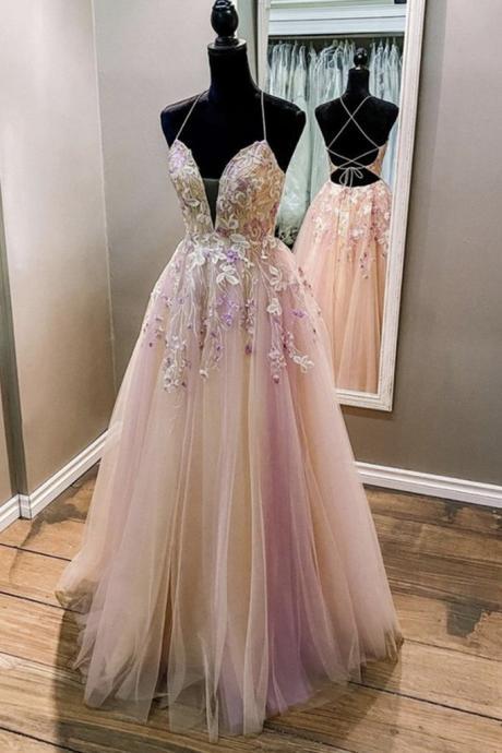 Elegant Tulle V Neck Backless Lace Formal Prom Dress, Beautiful Long Prom Dress, Banquet Party Dress
