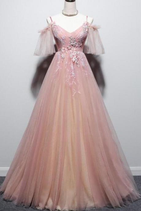Elegant Straps V-neckline Tulle Formal Prom Dress, Beautiful Long Prom Dress, Banquet Party Dress