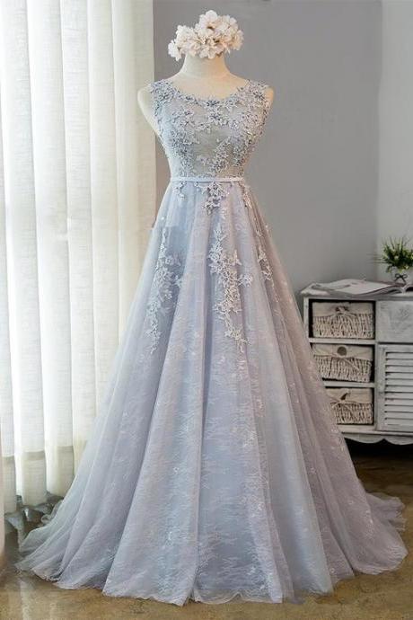 Elegant Lace O-neckline Tulle Formal Prom Dress, Beautiful Long Prom Dress, Banquet Party Dress
