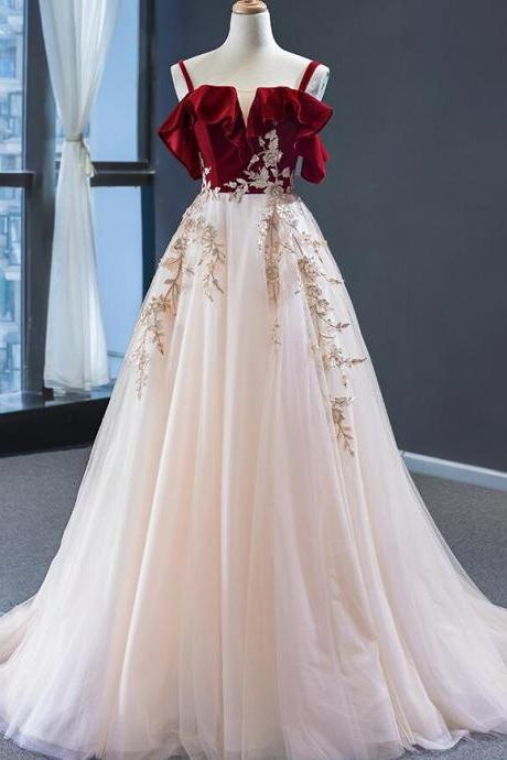 Elegant Straps Off Shoulder Tulle Formal Prom Dress, Beautiful Long Prom Dress, Banquet Party Dress