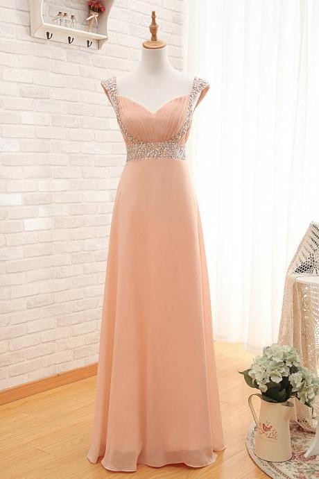 Elegant Sweetheart Cap Sleeves Beaded Chiffon Formal Prom Dress, Beautiful Prom Dress, Banquet Party Dress