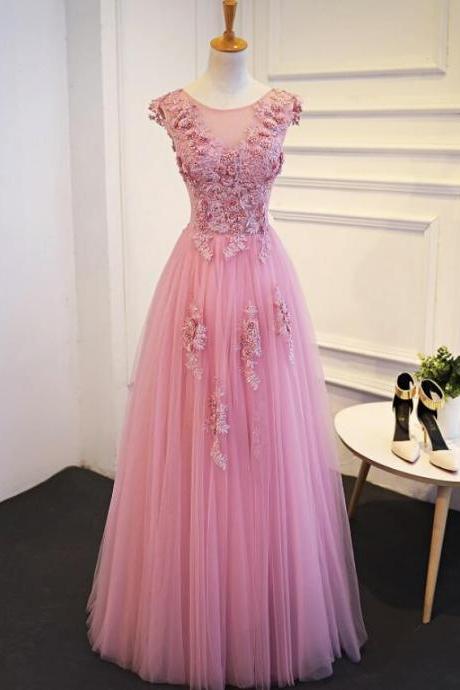 Elegant Round Neckline Lace Applique Tulle Formal Prom Dress, Beautiful Prom Long Dress, Banquet Party Dress