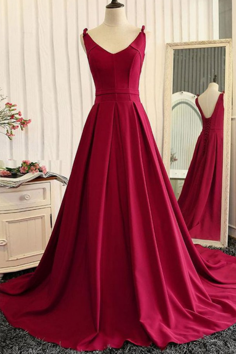 Prom Dresses, A-line Burgundy Satin Long Prom Dresses