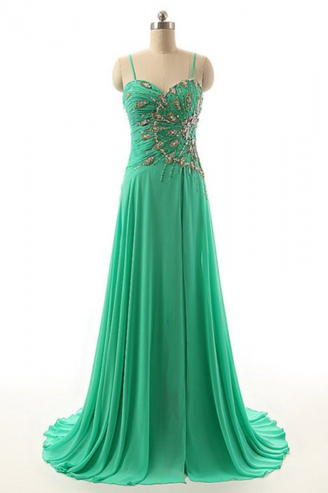 Prom Dresses, Spaghetti Straps Sexy Beaded Long Chiffon Prom Dresses Evening Gowns