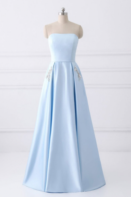 Prom Dresses, Simple A-line Prom Dresses, Strapless Light Blue Satin Prom Dresses