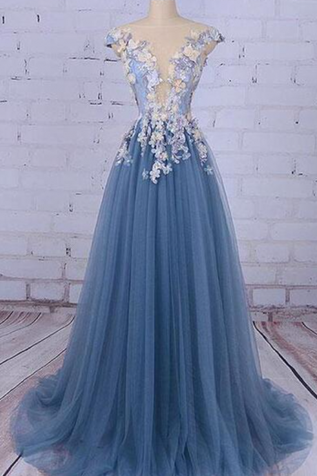 Prom Dresses,tulle Applique Prom Dresses,princess Long Evening Gowns