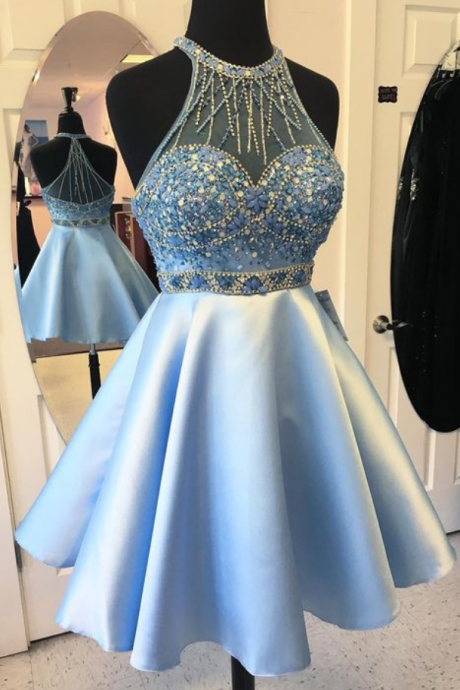 Homecoming Dresses, Short Blue Prom Dresses Sexy Beaded Party Dresses