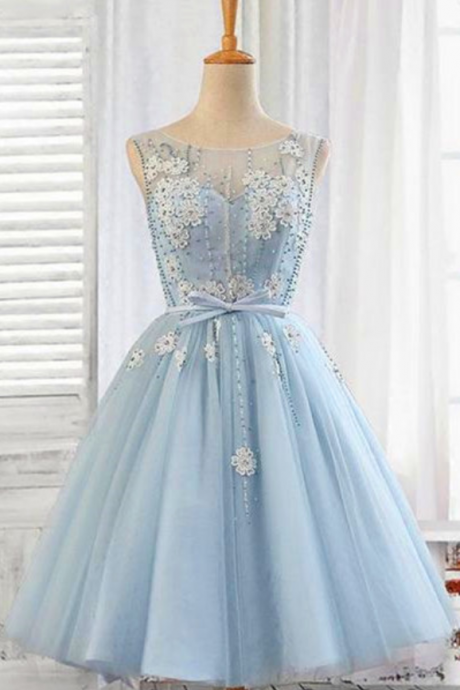Homecoming Dress,cute Light Blue Beaded Short Homecoming Dress Scoop Neck Mini Cocktail Party Gowns