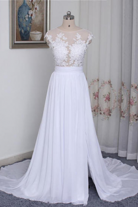 Prom Dresses, Lace Appliquéd Mesh Round Neck Covered Sleeve Floor Length Chiffon A-Line Wedding Dresses, Gowns