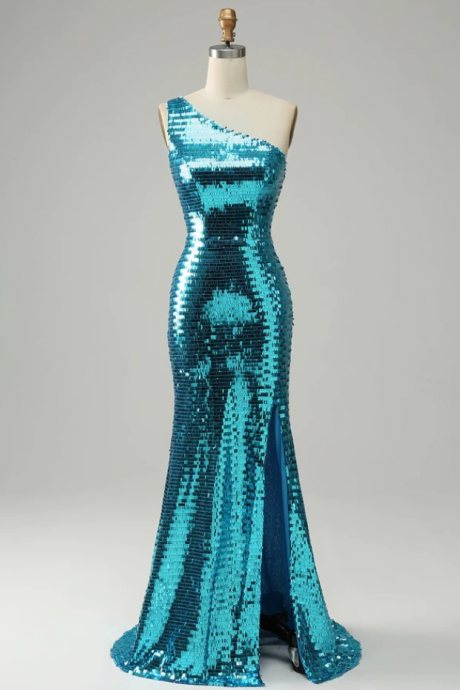 Prom Dresses, Sparkly Blue Sequins One Shoulder Long Prom Dress With Slit