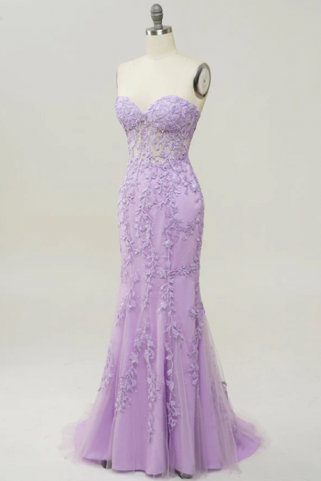 Prom Dresses,purple Sweetheart Neck Mermaid Prom Dress With Appliques