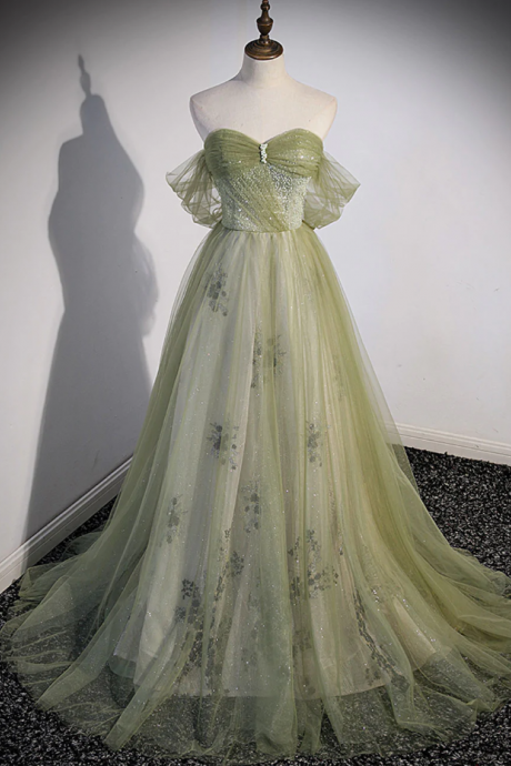 Prom Dresses,a Line Green Tulle Long Prom Dress, Green Formal Evening Dress With Beading