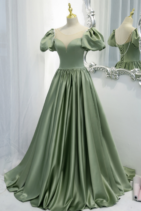 Prom Dresses, Green Satin Long A Line Prom Dress Green Evening Dress