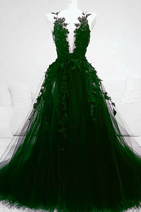 Prom Dresses, Green Tulle With Lace Deep Neckline Backless Prom Dress, Dark Green Party Dress