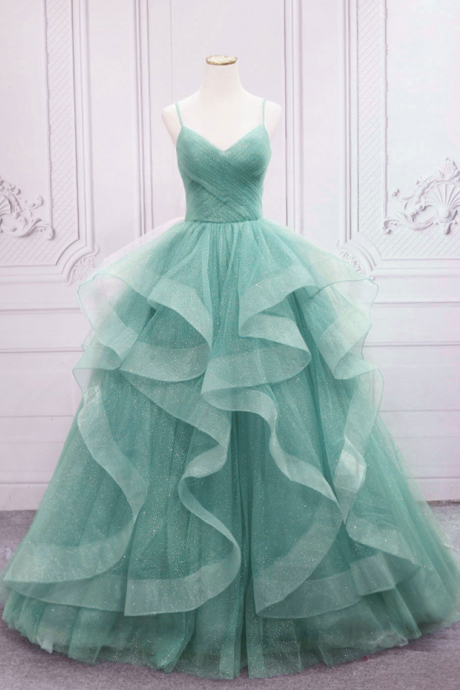 Prom Dresses, Green A-line V Neck Tulle Long Prom Dress, Green Straps Sweet Dress