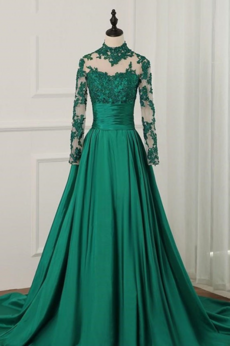 Prom Dresses，green Satin Long Sleeves Floor Length Party Dress, Green Evening Dress