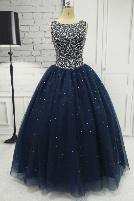Prom Dresses,sexy Backless Dress Ball Gowns Vestidos De Debutante Gowns Navy Blue Tulle Beaded Sequin Princess Gowns