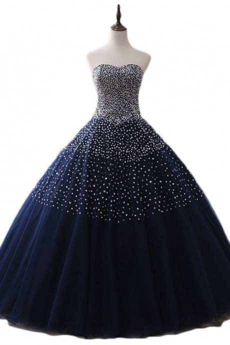 Prom Dresses,real Luxury Dresses Ball Gown Beaded Lace Up Navy Blue Sweet Dress Debutante Gowns