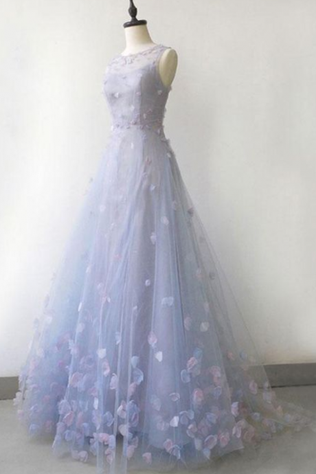 Prom Dresses,sky Blue See-through Evening Dresses ,sleeveless Appliques Flower Court Train Ruffle Backless Formal Dresses