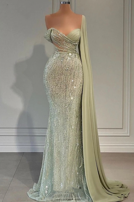Prom Dresses,mint Green Long Party Dresses One Shoulder Sleeves V-neck Mermaid Beaded Sequined Evening Dress For Women