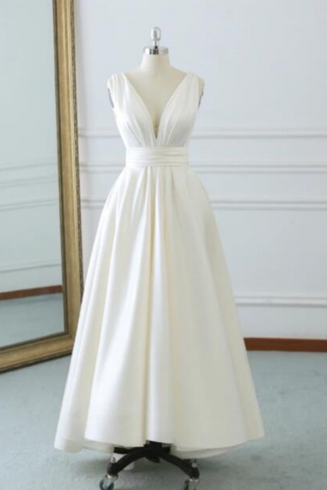 Ivory White Satin Deep V-neck Backless Bridal Dresses,a-line Sleeveless Tea Length Wedding Dresses With Bow