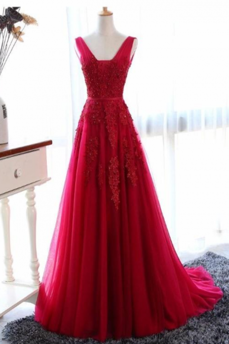 Prom Dresses,wine Red V-neckline Tulle Long Party Dress, Dark Red Low Back Tulle Bridesmaid Dress