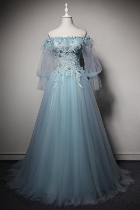 Prom Dresses,light Blue Off Shoulder Long Sleeves Tulle Party Dress With Lace, A-line Blue Formal Dresses