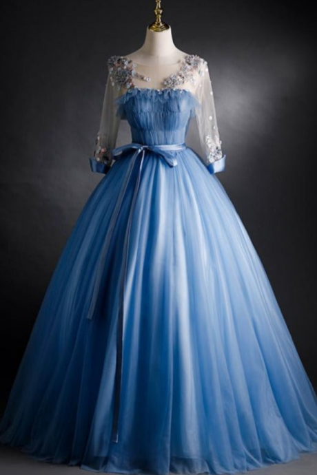 Prom Dresses,blue Tulle Long Sleeves Formal Dress With Flower Lace Applique, Blue Sweet Gown