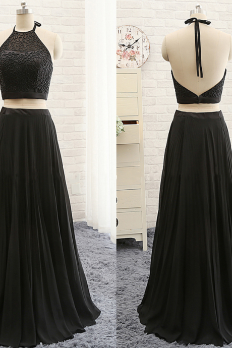 Prom Dresses,halter Black Two Piece A-line Floor-length Dress Featuring Beaded Embellishment Bodice And Bare Back
