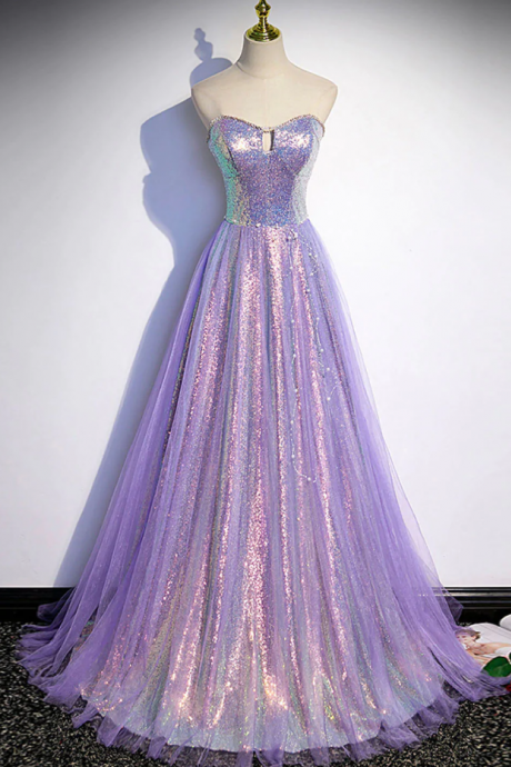 Prom Dresses, A Line Purple Sweetheart Neck Tulle Long Prom Dress, Purple Evening Dress