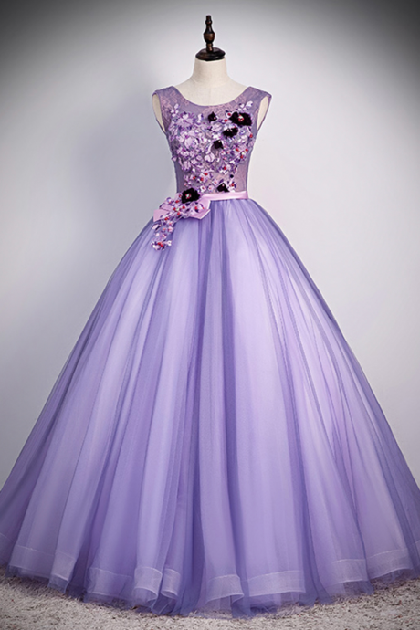 Prom Dresses, Purple Tulle Long A-line Dress Purple Applique Evening Dress