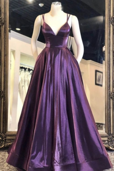 Prom Dresses, V Neck Purple Satin Long Prom Dresses, Purple Formal Graduation Dress