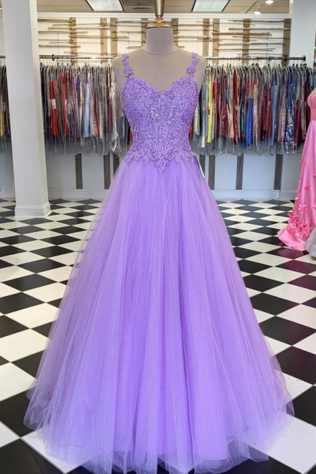 Prom Dresses, Purple Lace Applique Tulle Long Evening Dresses Cocktail Dresses