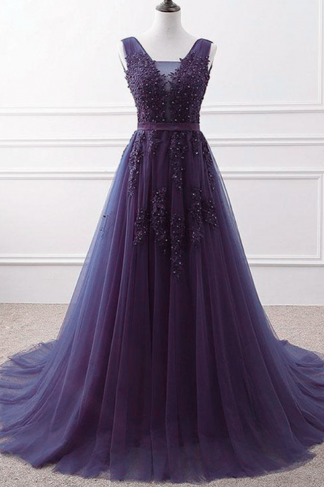 Prom Dresses, Purple Tulle V-neckline Long Party Dress, Purple A-line Prom Dress, Dream Bridesmaid Dress