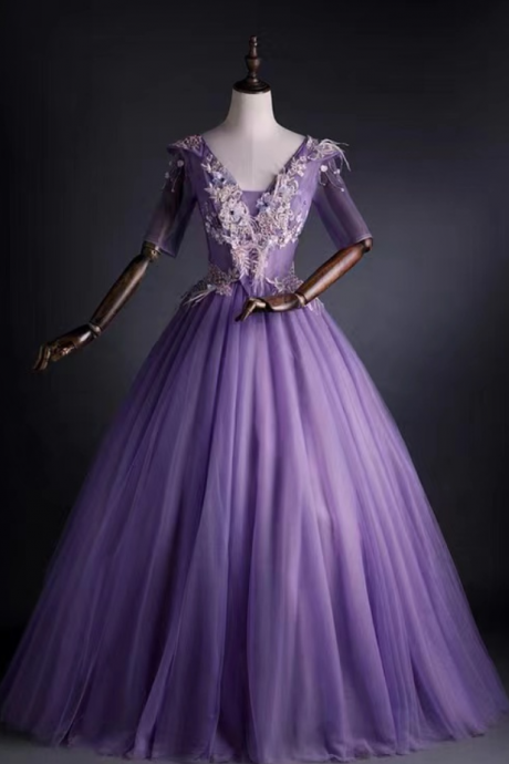 Prom Dresses, Purple Tulle Evening Dress With V-neck Lace Appliqué Midi Sleeve Long Gowns