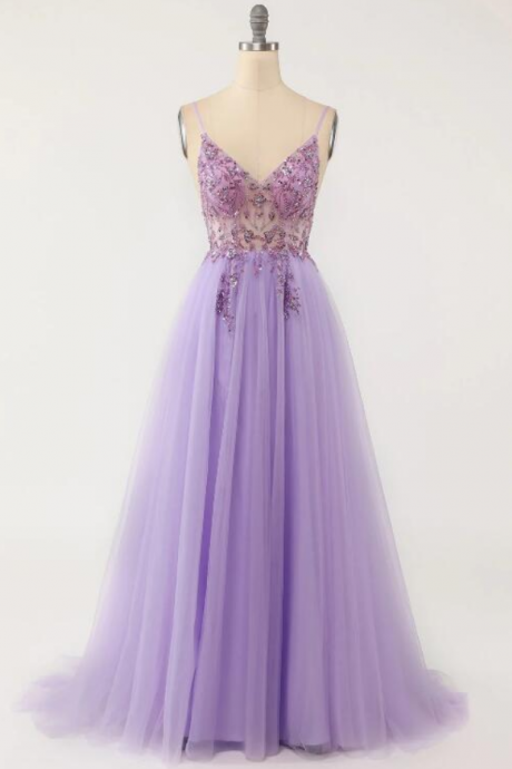 Prom Dresses, Purple Beaded Tulle Long Prom Dress Formal Dress