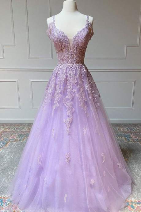 Prom Dresses, Purple Tulle Long V Neck Lace Dress, Prom Dress, Formal Dress