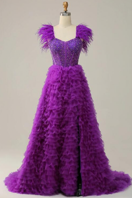 Prom Dresses, A Line Sweetheart Purple Long Prom Dress With Beading Feathers