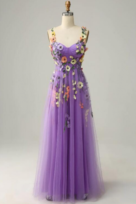 Prom Dresses, A Line Purple Spaghetti Straps Prom Dress With 3d Flowers