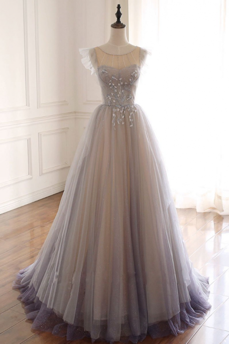 Prom Dresses, Gray Purple Round Neck Tulle Long Prom Dress Tulle Formal Dress