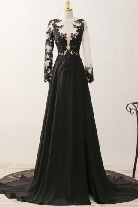 Prom Dresses, Black Long Sleeves Slit Long Train Prom Dresses, Formal Dresses, Black Party Dresses