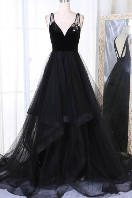 Prom Dresses, A Line V Neck Tulle Black Ball Gown, Black Prom Dresses, Black Formal Dresses