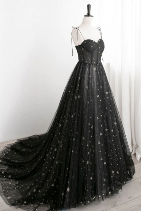 Prom Dresses,black A Line Sweetheart Neck Tulle Long Prom Dresses, Black Formal Graduation Dresses